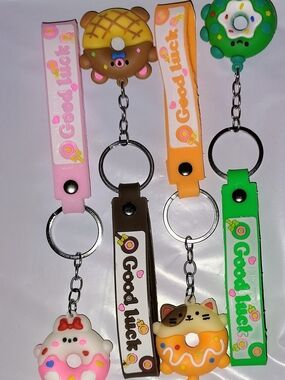 Good Luck Donut Charm Keychain Wrist Strap - Pink, Orange, Brown, Green